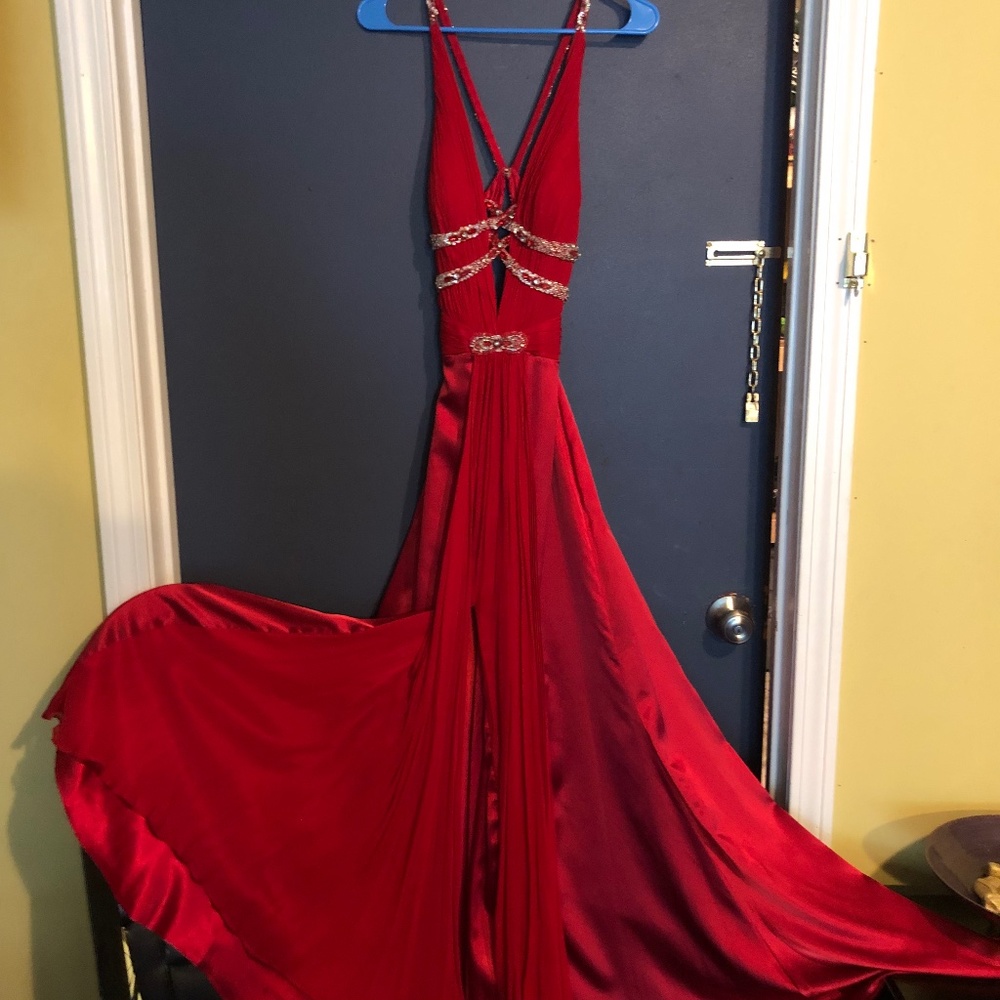 Tony Bowls red evening gown